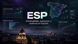 Vista conceptual del observatorio ESP con mapa de España, gráficos y paneles de datos.